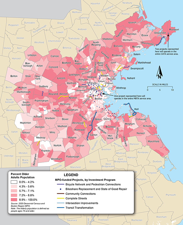 Figure 5-5 shows the percent of the elderly population in Boston region Census tracts, overlaid with MPO-funded projects in the TIP.